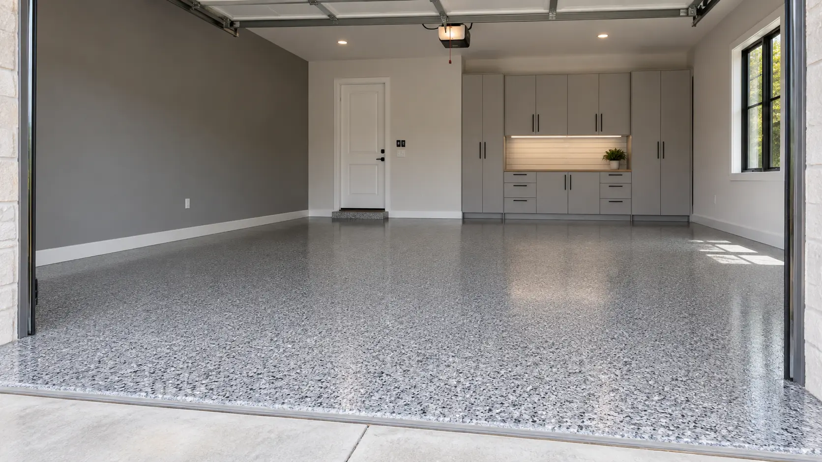Representative two-car garage with decorative flake coating