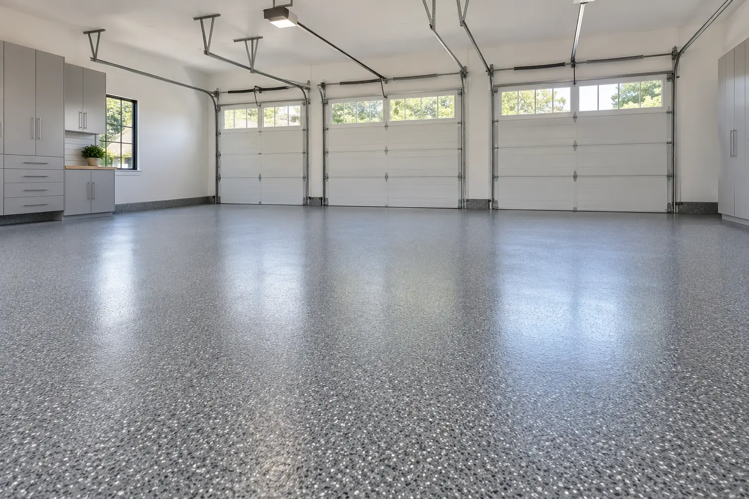 Representative three-car garage with coated floor